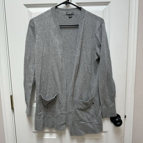 EDDIE BAUER Womens S Open Cardigan Sweater Gray Athletic Modern 100% Cotton - Picture 1 of 5